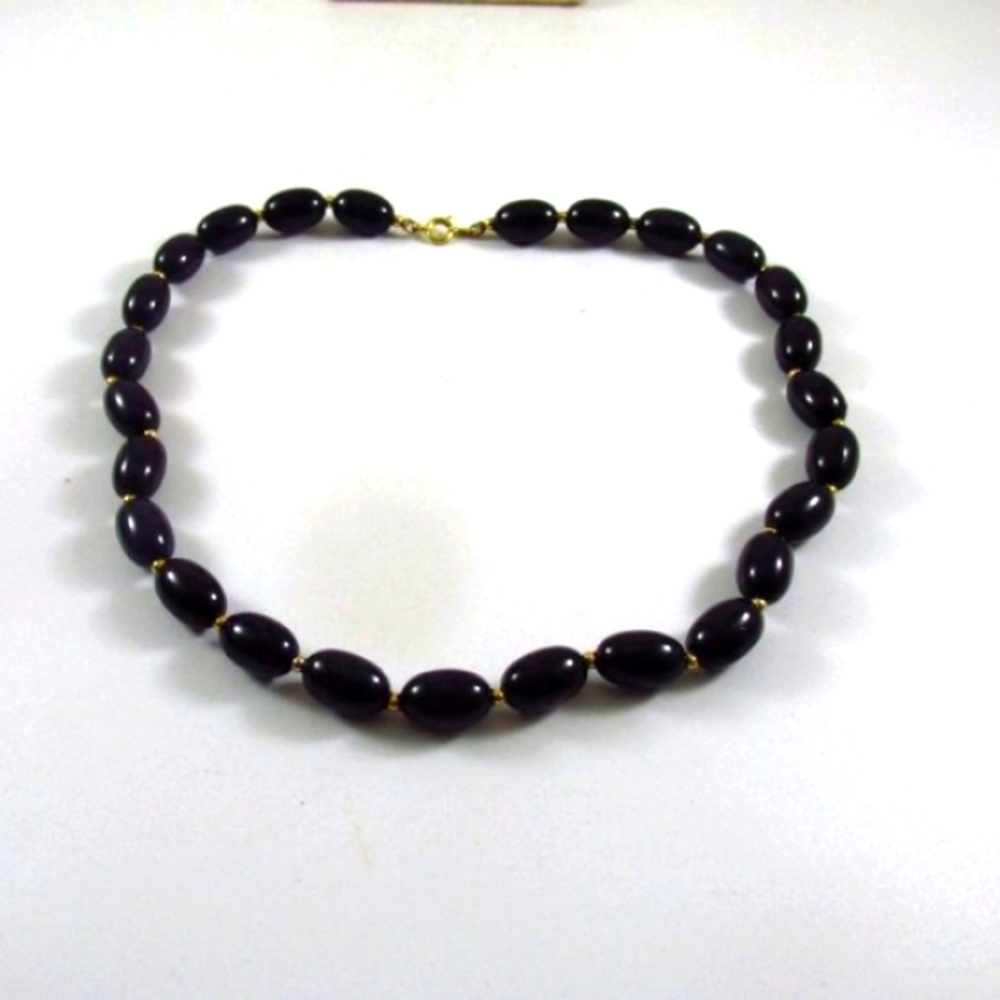 Vintage Oblong Jet Black Glass Gold Choker Necklace